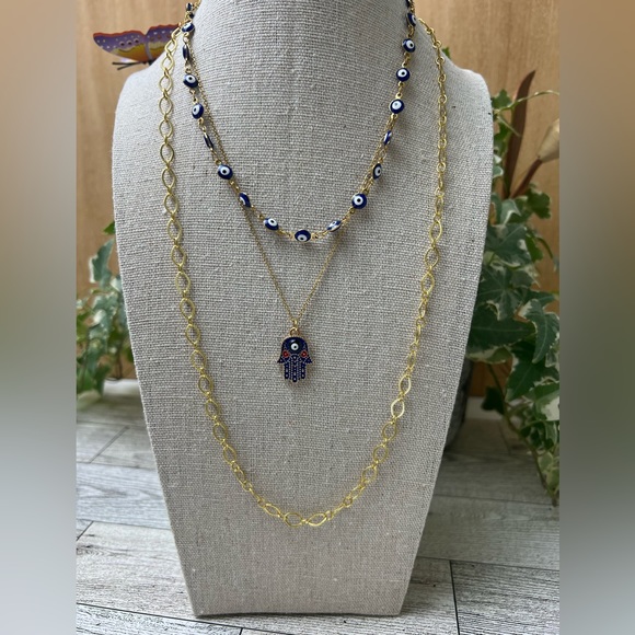 Gold Stylish Evil Eye Necklace Set - Trendy Boho Chic Layered Necklace - Picture 6 of 16